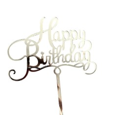 Decoratiune topper pentru tort, flippy, model happy birthday, tematica aniversare, 10 cm, argintiu