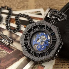 Ceas de buzunar MBrands, negru cu albastru, skeleton, Mecanic, cu lant , stil Vintage, octagon Albastru