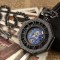 Ceas de buzunar MBrands, negru cu albastru, skeleton, Mecanic, cu lant , stil Vintage, octagon Albastru