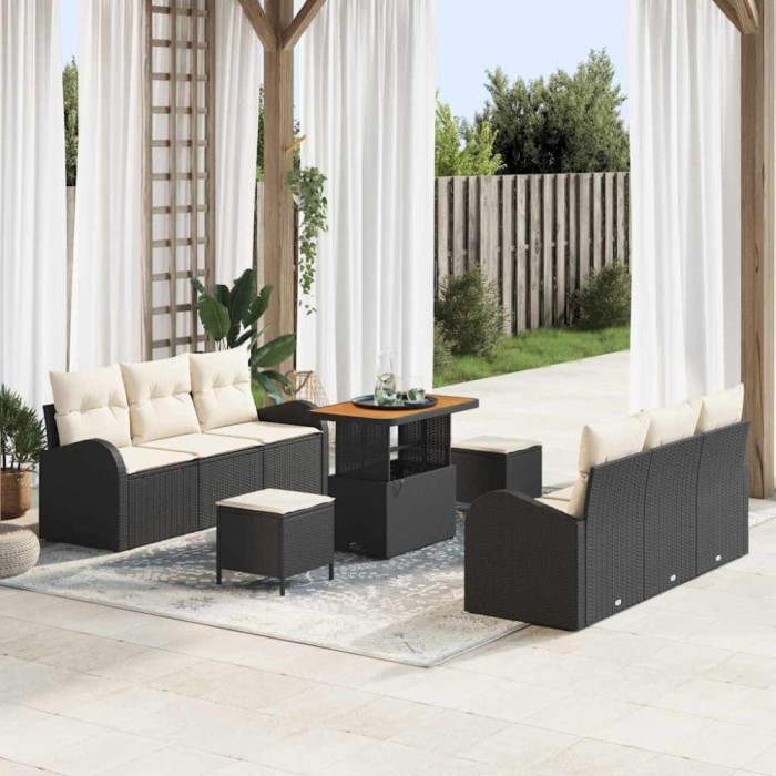 vidaXL Set de canapele pentru grădină cu pernă 9 pcs Negru Rattan poli
