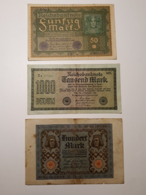 BANCNOTE GERMANIA - 50 MARCI 1919 - 100 MARCI 1920 - 1000 MARCI 1922 - LOT 3 BUC foto