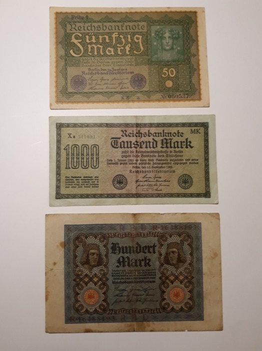 BANCNOTE GERMANIA - 50 MARCI 1919 - 100 MARCI 1920 - 1000 MARCI 1922 - LOT 3 BUC