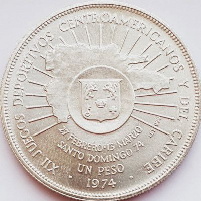 677 Dominicana 1 Peso 1974 Central American and Caribbean Games km 35 argint foto