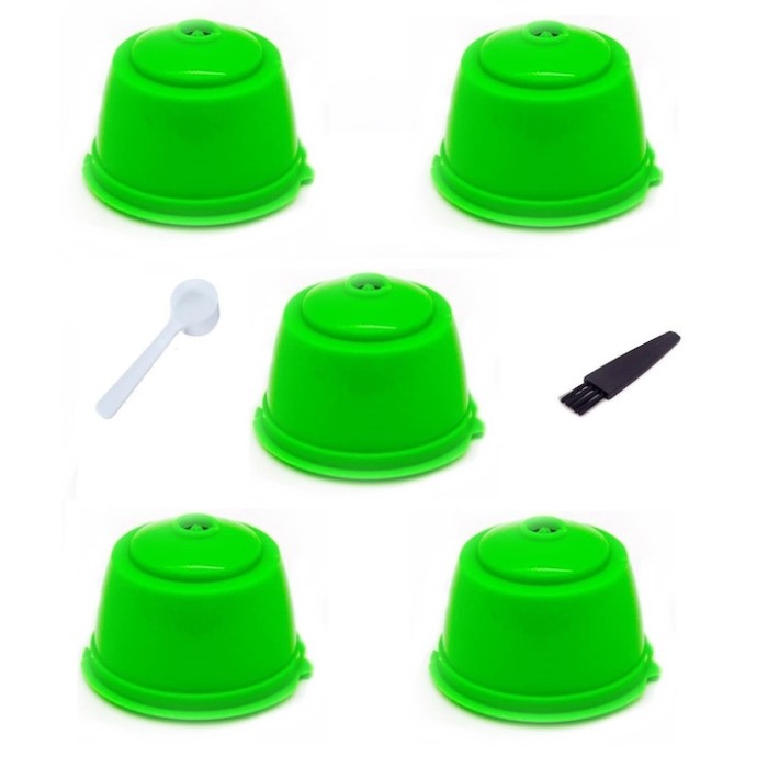 Set 5 Capsule cafea, reutilizabila, reincarcabila, compatibil Dolce Gusto, verde inchis, cu periuta si lingurita