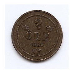 Suedia 2 Ore 1889 - Oscar II (litere mari) Bronz, 21 mm KM-746