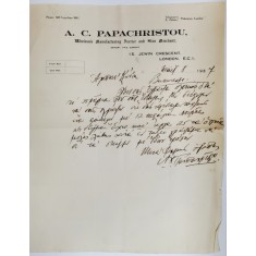 SCRISOARE COMERCIALA EXPEDIATA DE A.C. PAPACHRISTOU , NEGUSTOR LONDONEZ DE BLANURI , UNUI CLIENT BUCURESTEAN , 8 MAI 1937
