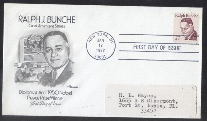 United States 1982 Ralph J Bunche FDC K.718