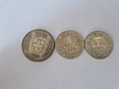 Elvetia lot de 3 Monede din Argint de 835 Puritate,5 Fr 1932,2 Fr-1965,2Fr 1960