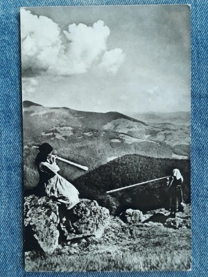 692 - Muntii Apuseni, Pe muntele Gaina femei cu tulnice/ vedere circulata 1970 foto
