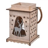 Felinar Decorativ Crăciun, Model Cerb Glitter Argintiu, Maner Sfoară, Lemn, 17x17x25cm, Oem