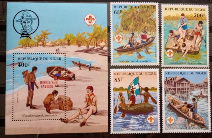 Niger 1982 bărci, cercetași in canoe, scutism serie 4v. + Bloc neștampilata