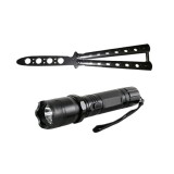 Cumpara ieftin Set Autoaparare: Electrosoc Lanterna Police 1000KV + Briceag Fluture Antrenament, 22cm, Aluminiu Negru