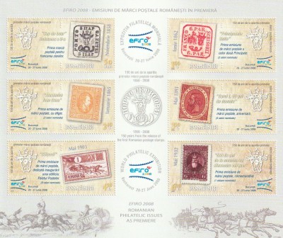 ROMANIA 2008 LP 1805 b EXPOZITIA MONDIALA EFIRO 2008 BLOC DE 6 TIMBRE MNH NEST foto