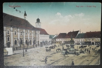 Carte postala, Sibiu, Piata Centrala, perioada interbelica foto