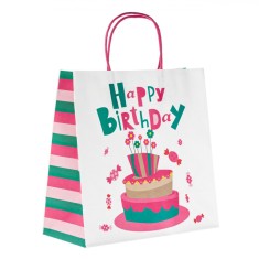 Sacosa Cadou Kraft, Model Tort și Bomboane, Happy Birthday, Multicolor, 26x12x26cm