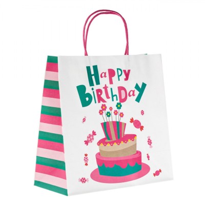 Sacosa Cadou Kraft, Model Tort și Bomboane, Happy Birthday, Multicolor, 26x12x26cm foto