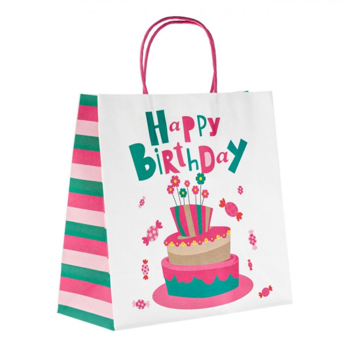 Sacosa Cadou Kraft, Model Tort și Bomboane, Happy Birthday, Multicolor, 26x12x26cm