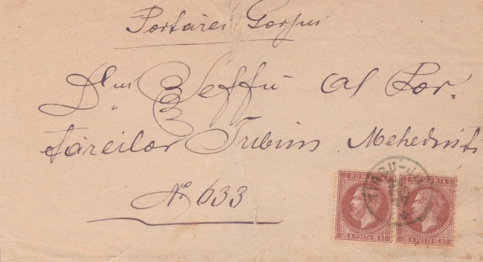 1877 Romania - Fragment scrisoare expediat Tg. Jiu pereche 15b Carol Bucuresti I
