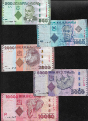 Set Tanzania 500 + 1000 + 2000 + 5000 + 10000 shillings shilingi foto