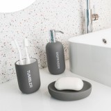 Set 3 accesorii pentru baie format din savoniera, dozator sapun si pahar igiena dentara, Ceramica cauciucata, Gri, Oem