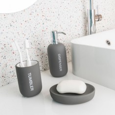 Set 3 accesorii pentru baie format din savoniera, dozator sapun si pahar igiena dentara, Ceramica cauciucata, Gri