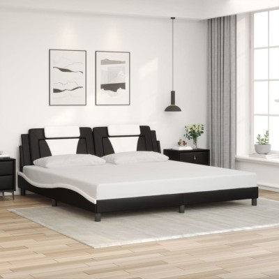 Cadru de pat cu tăblie negru și alb 200x200cm piele artificială foto
