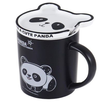 Cana cu capac din ceramica si lingurita Pufo Baby Panda pentru cafea sau ceai, 300 ml foto