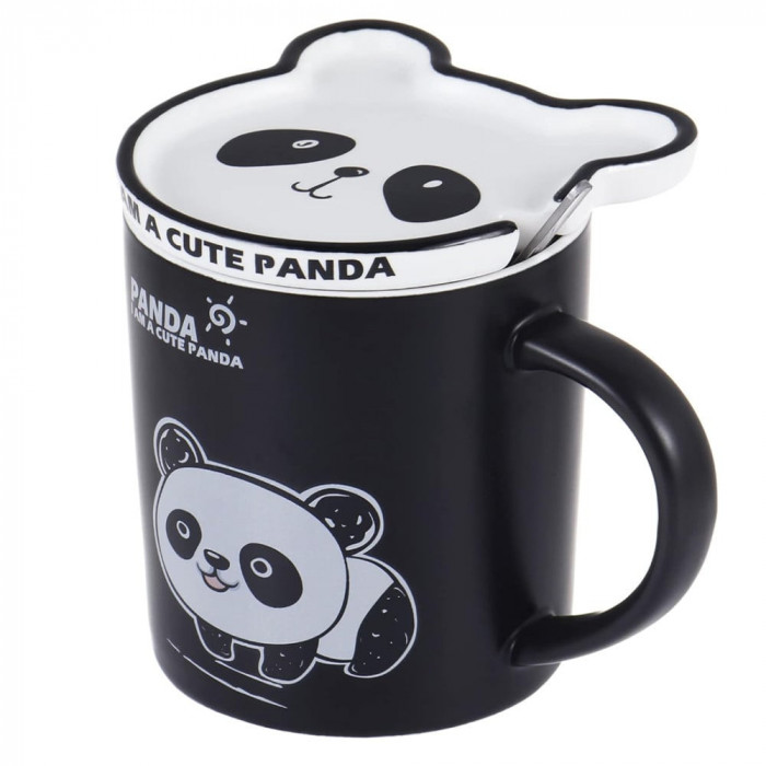 Cana cu capac din ceramica si lingurita Pufo Baby Panda pentru cafea sau ceai, 300 ml