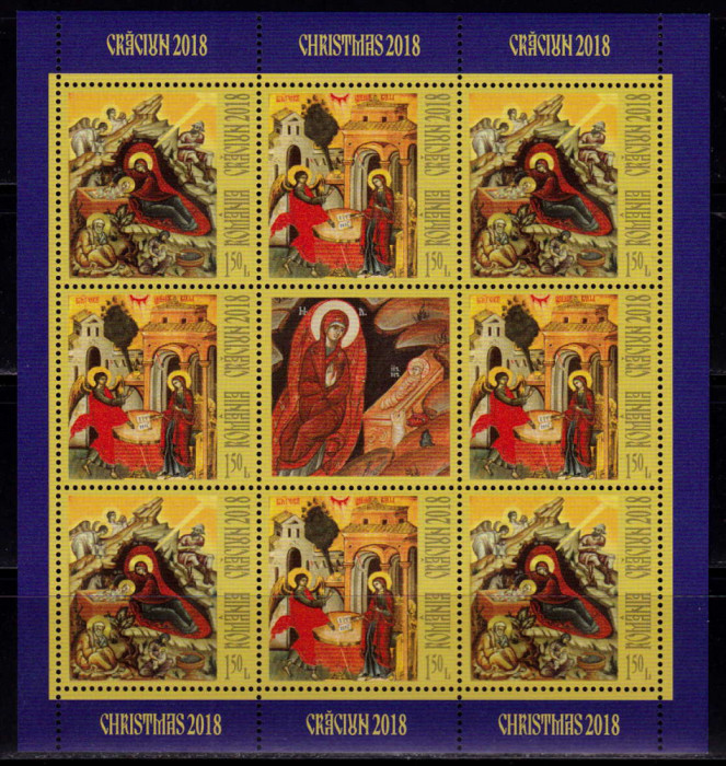 ✅RO 2018 ,LP 2219 d , &quot;Craciun 2018 &quot;, TIP II minicoala de 8+1 vinieta+tabs,MNH