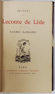OEUVRES de LECONTE DE LISLE , POEMES BARBARES , SFARSIT DE SEC. XIX foto