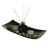 Set Suporturi pentru Lum&acirc;nări și Recipient Ulei Parfumat, Negru, 39x16 cm, Lemn și Sticlă, Oem