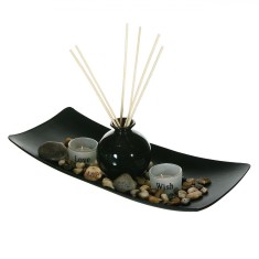 Set Suporturi pentru Lum&acirc;nări și Recipient Ulei Parfumat, Negru, 39x16 cm, Lemn și Sticlă