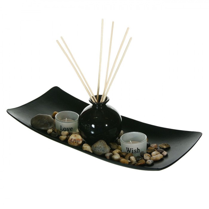 Set Suporturi pentru Lum&acirc;nări și Recipient Ulei Parfumat, Negru, 39x16 cm, Lemn și Sticlă