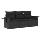 Set mobilier de gradina cu perne, 3 piese, negru, poliratan
