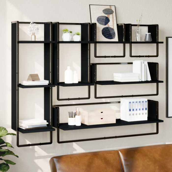Set rafturi de perete cu bare, 6 buc., negru, lemn