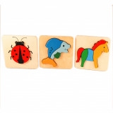 Set 3 ​Puzzle din lemn, animalute, 7Toys