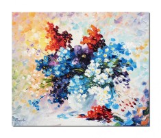 Tablou vaza cu petunii pictat manual, 60x50cm ulei pe panza in cutit efect 3D