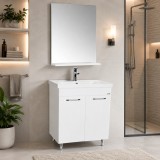 Set mobilier baie GN0541, front MDF, cu lavoar ceramic, 60 cm, 2 usi, 2 rafturi, picioare cromate reglabile, balamale soft close si oglinda cu polita