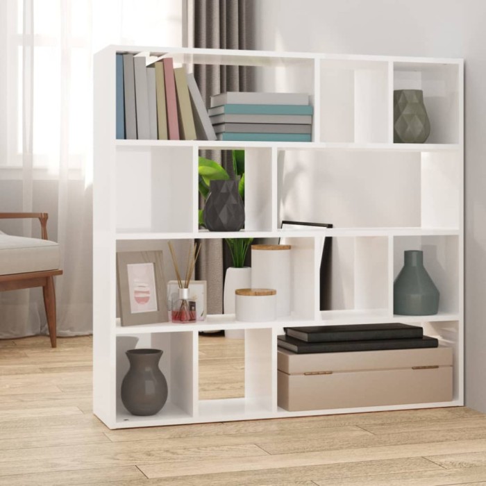 Bibliotecă/Separator cameră, alb extralucios, 105x24x102 cm