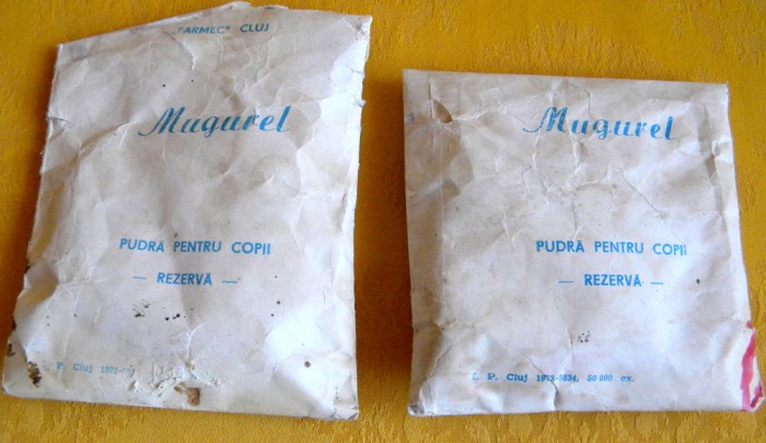 Mugurel - Pudra pentru copii rezerva FARMEC Cluj-Napoca 1973, ambalaj + continut
