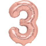 Balon din folie metalizata flippy, figurina cifra, tema aniversare 40 cm, ambalaj individual, pai inclus, umflare cu aer sau heliu, rose gold, cifra 3