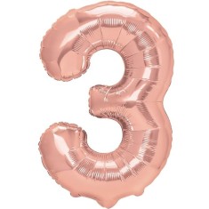 Balon din folie metalizata flippy, figurina cifra, tema aniversare 40 cm, ambalaj individual, pai inclus, umflare cu aer sau heliu, rose gold, cifra 3