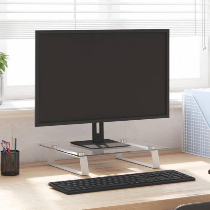 vidaXL Suport de monitor, alb, 40x35x8 cm, sticlă securizată și metal