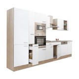 Mobilier de bucătărie Yorki 370, cu corp din stejar Sonoma, fațade albe cu finisaj satinat și dulap cu rafturi, fără blat de lucru