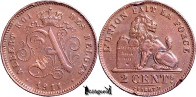 1911, 2 Centimes - Albert I - Regatul Belgiei - inscripție franceză foto