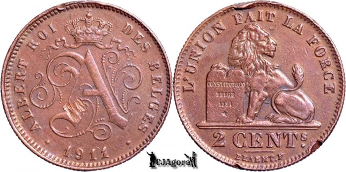 1911, 2 Centimes - Albert I - Regatul Belgiei - inscripție franceză