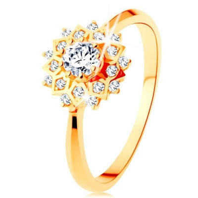 Inel din aur 375 - soare lucios decorat cu zirconii rotunde transparente - Marime inel: 52 foto
