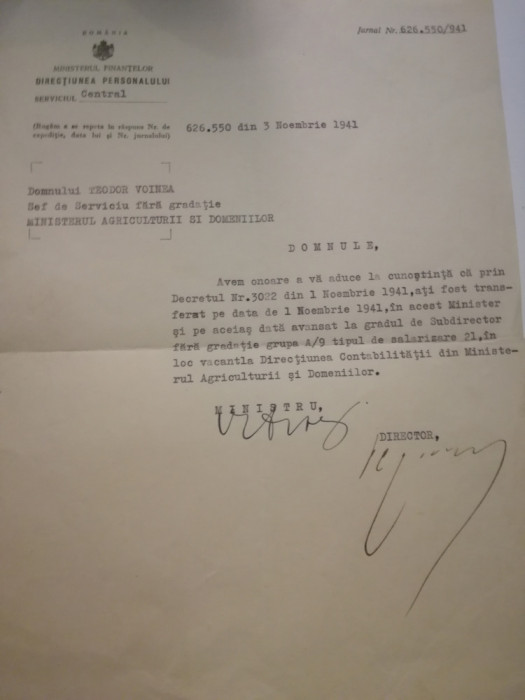 1941, adresa semnată olograf de N.S. Stoenescu, ministru &icirc;n Guvernul Antonescu