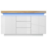Comodă sideboard cu 2 uși și 3 sertare, iluminare LED, 140x39x81 cm, Alb
