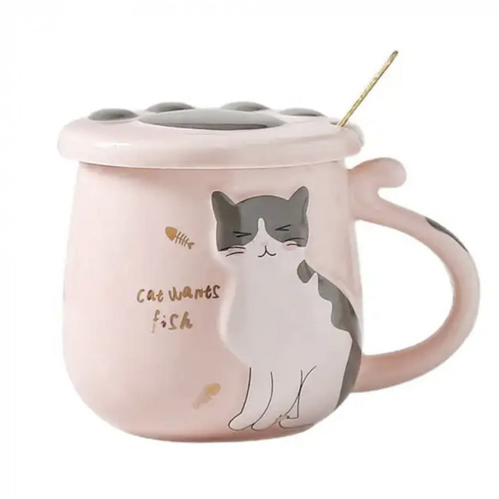 Cana cu capac din ceramica si lingurita Pufo Sweet Kitty pentru cafea sau ceai, 300 ml, roz